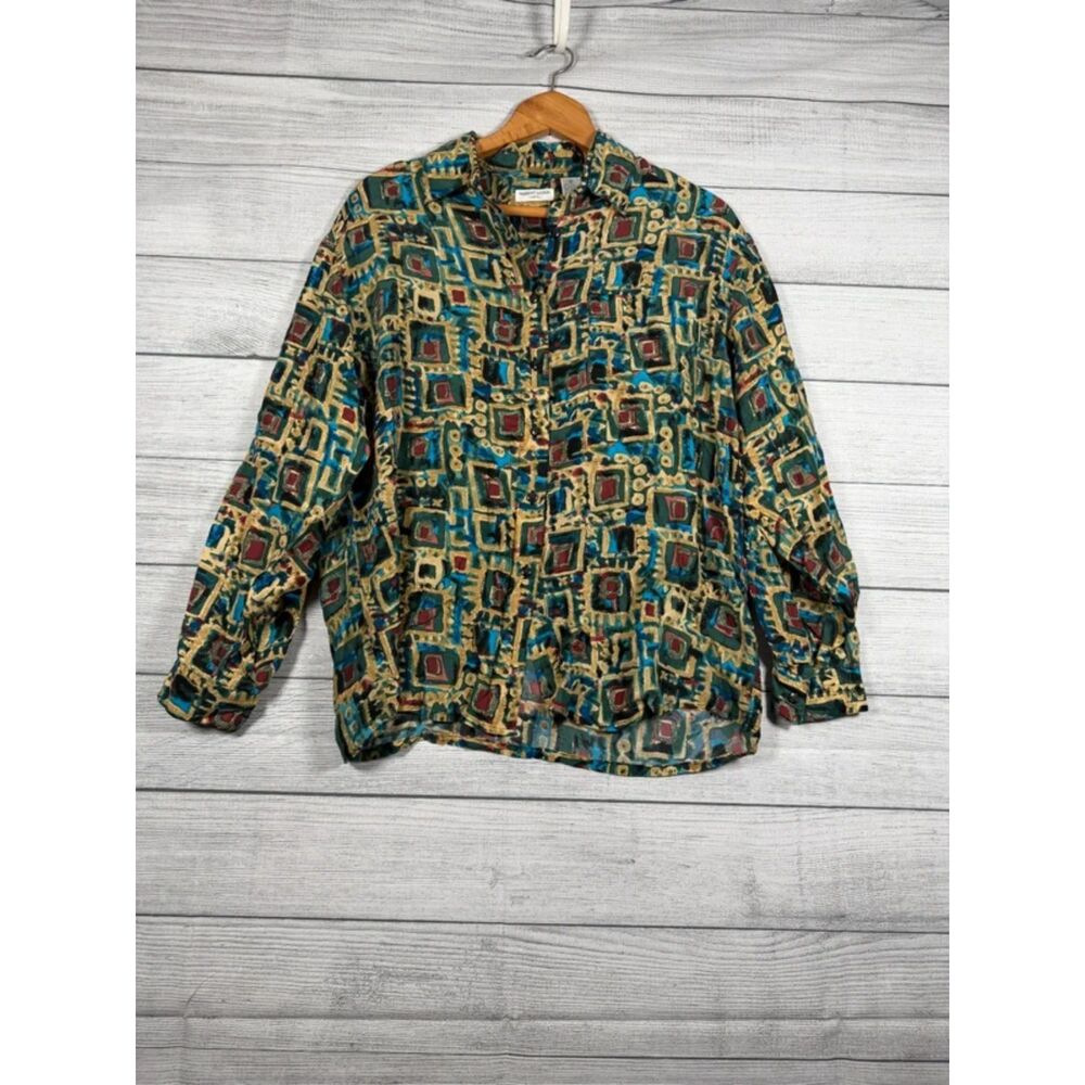 Vintage Robert Stock Men’s M 100% Silk Abstract Geometric Button Shirt 4175
